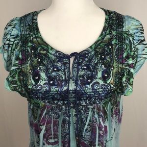 Unity World Wear- Petite small flutter tee, greens/blues